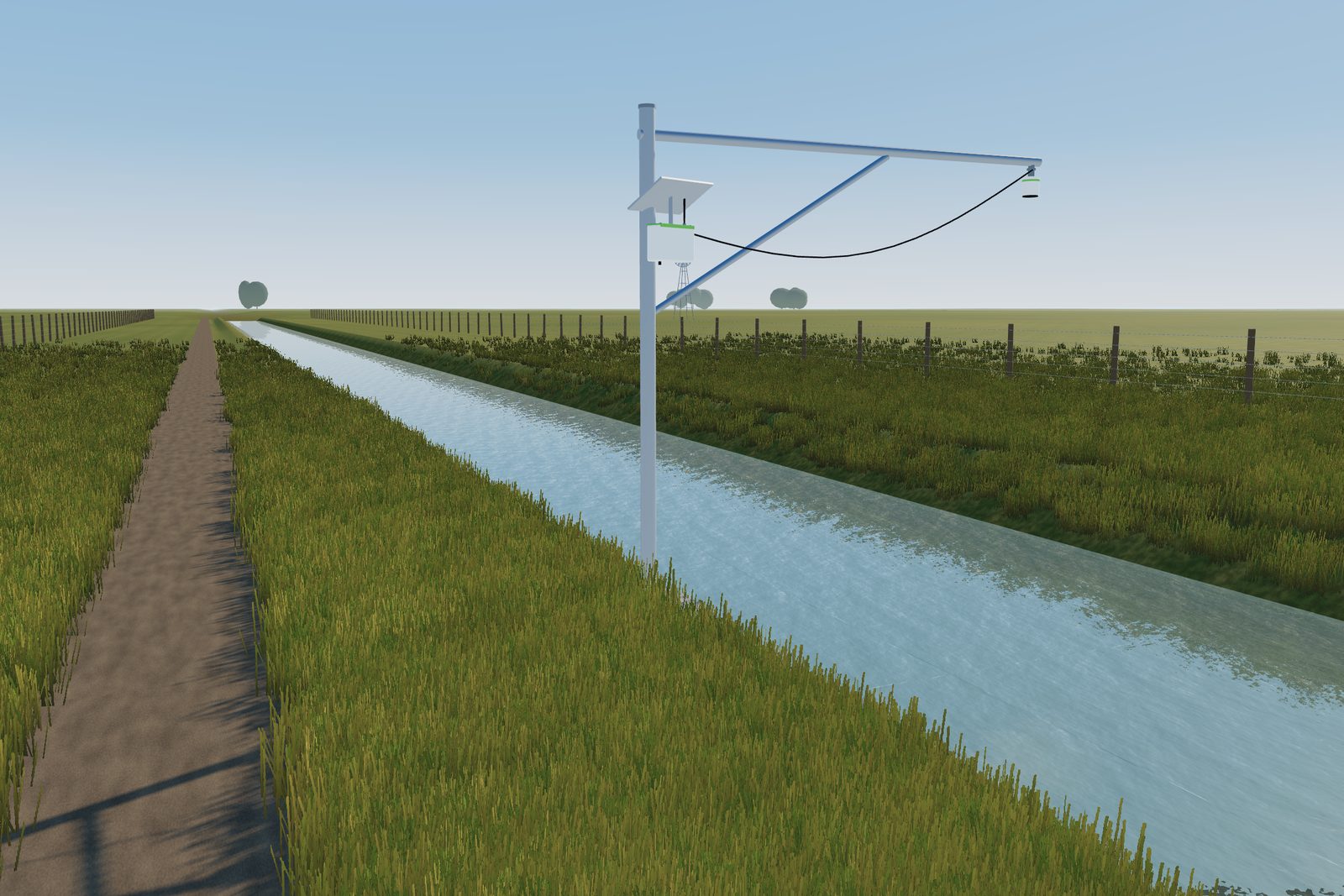 Canal de riego con el sensor radar sobre un brazo